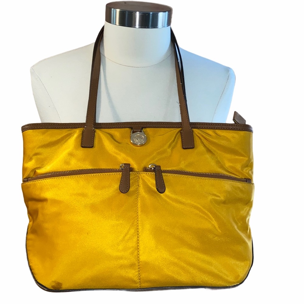 Michael Kors Kempton Golden Yellow Pocket Nylon Leather Trim Bag - Picture 2 of 14